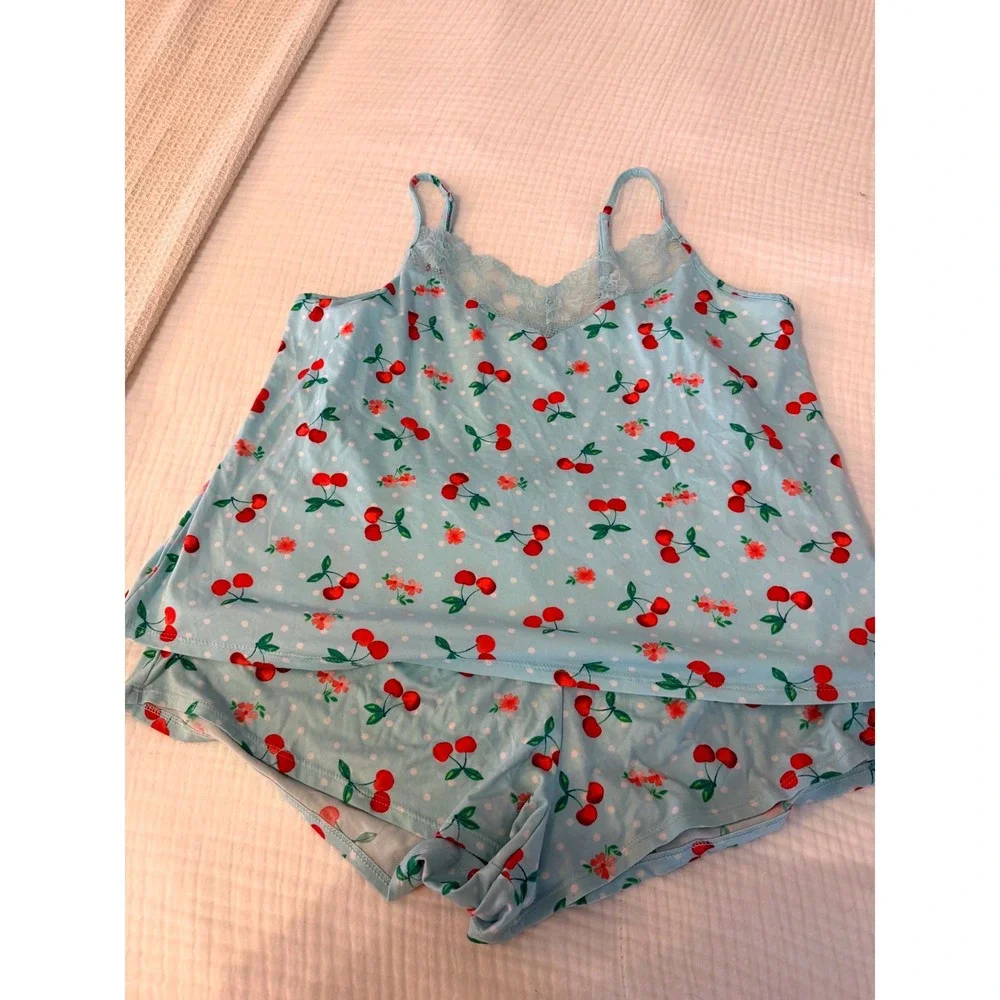Joyspun Pajama Set Blue Cherry Floral Lace Trim Cami Shorts Size L 12-14